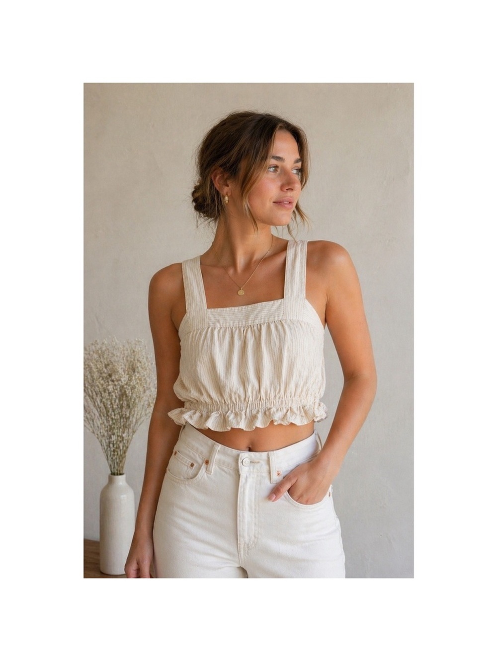 Urban Renewal Remnants Striped Ruffle Hem Cotton Cropped Top